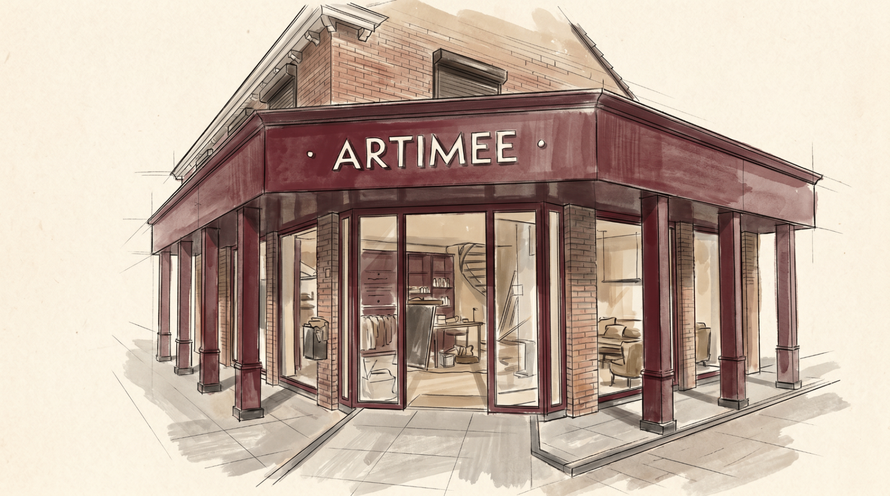 Hand-drawn illustration of the Artimee interior studio — a corner boutique with a deep burgundy fascia, brick columns and large display windows revealing curated furniture inside.